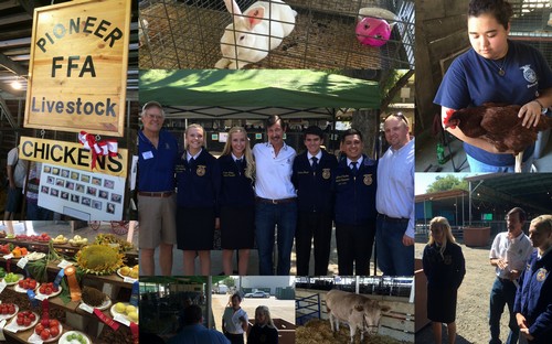 President Clyde, Sean Kolb & Kris Kristensen get a tour of projects and activities by the Yolo FFA high school students at the Yolo County Fair.